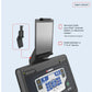 Black tablet mount with adjustable arm and holder attached to Landice exercise equipment console, displayed against light blu