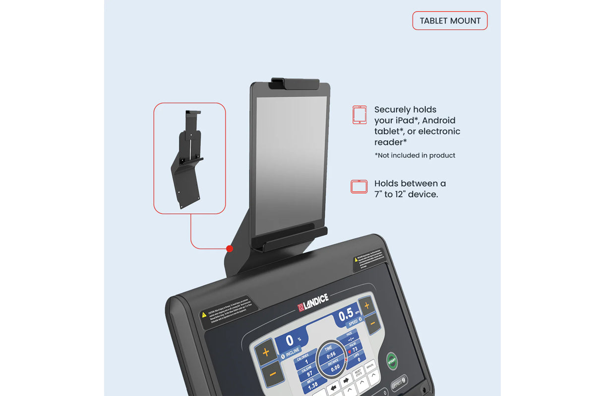 Black tablet mount with adjustable arm and holder attached to Landice exercise equipment console, displayed against light blu