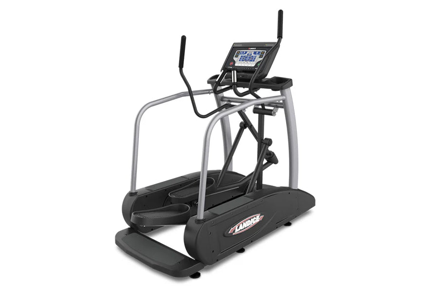 Landice E9 commercial elliptical machine with black and gray frame, digital display console, and dual handles on white backgr