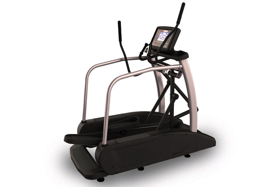 Black and silver elliptical machine with digital display console, dual black handles, and textured black foot pedals on white