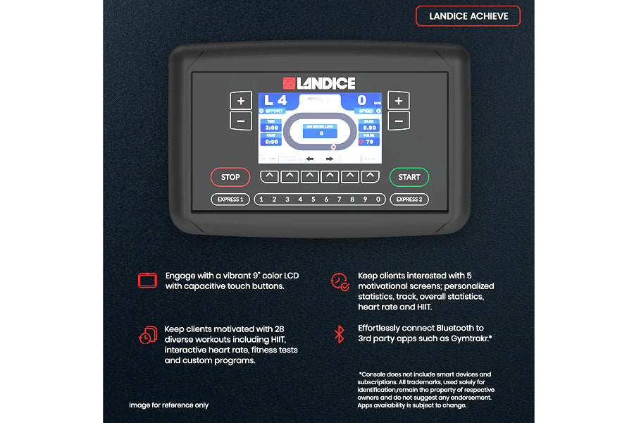 Landice E9 rehabilitation elliptical console with 9-inch LCD touchscreen, control buttons, and preset workout programs displa