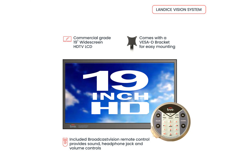 19-inch commercial grade HD widescreen LCD display with VESA-D mounting bracket and Broadcastvision remote control