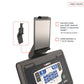 Black tablet mount with adjustable arm holding gray tablet on Landice exercise equipment display console