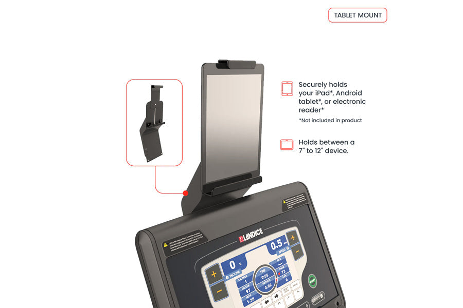 Black tablet mount with adjustable arm holding gray tablet on Landice exercise equipment display console