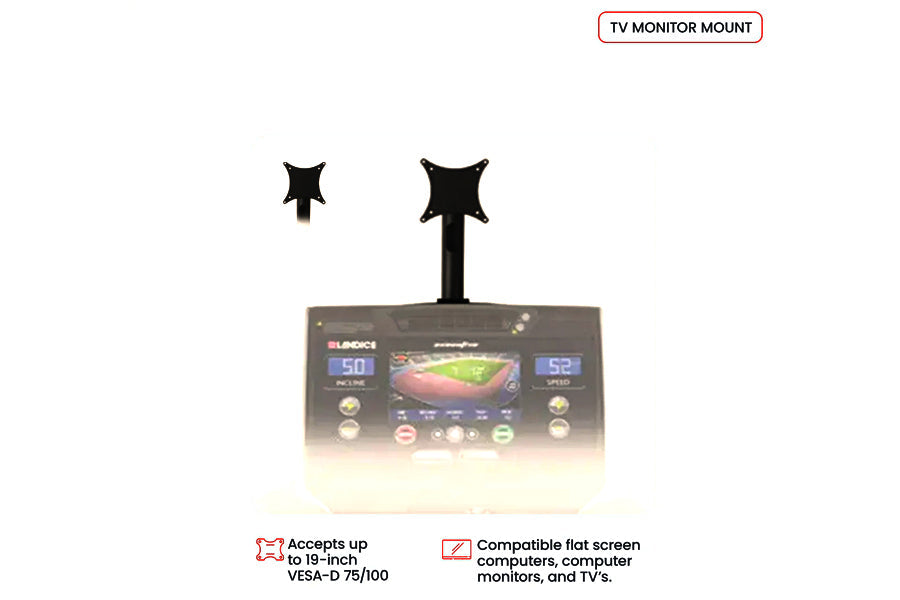Black TV monitor mount with adjustable dual arms, compatible with flat screens up to 19-inch VESA-D 75/100, shown on white ba