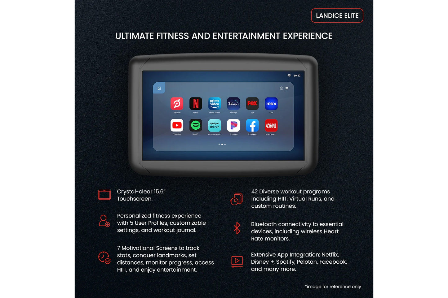 Landice Elite treadmill console displaying 15.6-inch touchscreen with streaming apps including Netflix, Disney+, and Spotify,