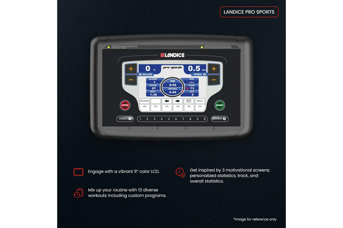Landice Pro Sports treadmill console with 9-inch color LCD display showing workout metrics, red stop button and green start b