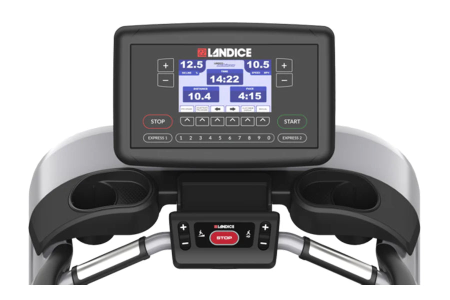 Landice L10 Club Treadmill console displaying digital readouts and control buttons, with black and silver frame and dual hand