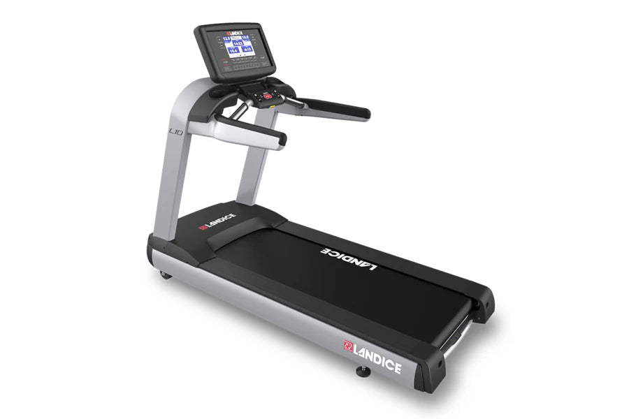 Landice L10 Club treadmill with black running belt, gray frame, black handles, and digital display console on white backgroun