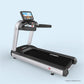 Landice L10 Club Treadmill with silver frame, black running deck and handrails, touchscreen display on light blue background
