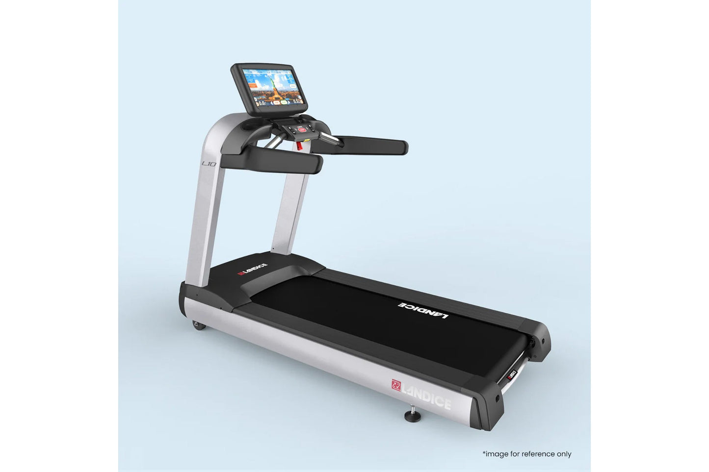 Landice L10 Club Treadmill with silver frame, black running deck and handrails, touchscreen display on light blue background