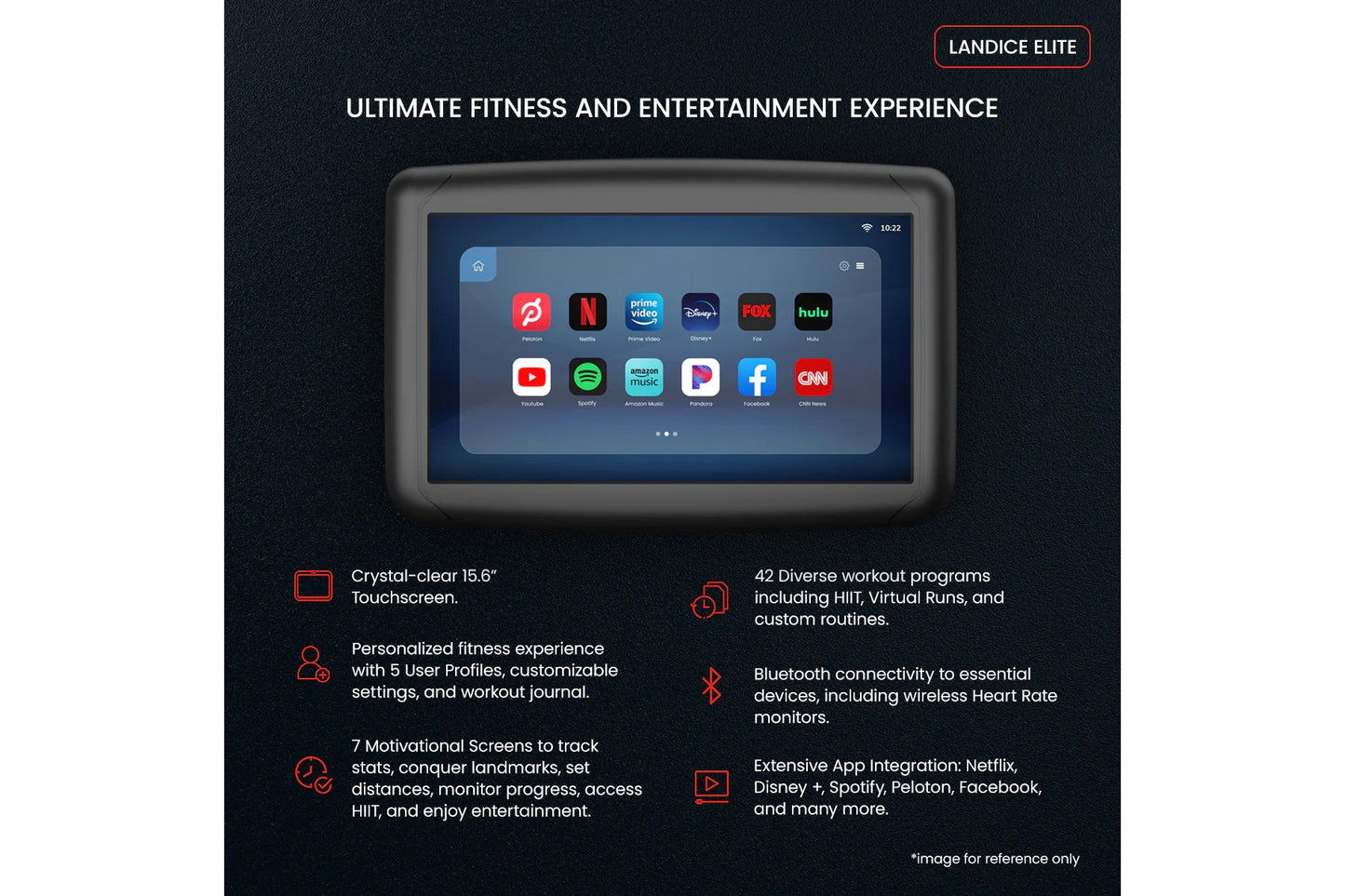 Landice Elite fitness treadmill with 15.6-inch touchscreen displaying streaming apps, shown on dark background with feature c