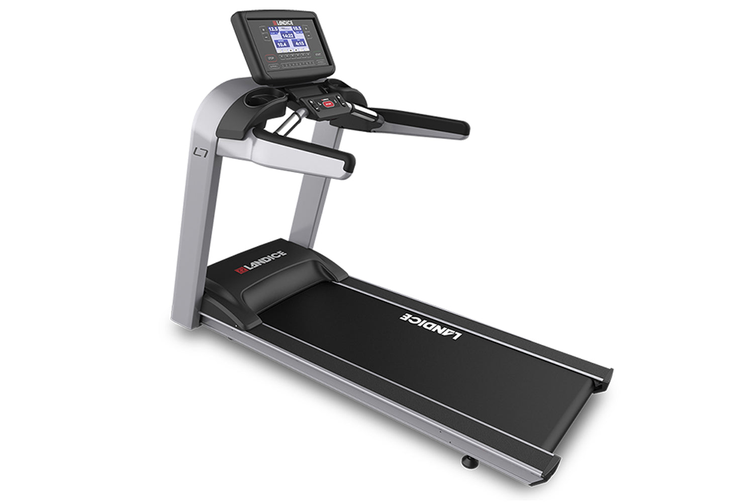 Landice L7 Club treadmill with black running deck, silver frame, black handles, and digital display console on white backgrou