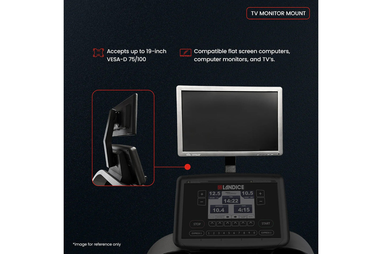 Landice L7 Club Treadmill with TV monitor mount compatible with flat screen displays, shown on dark background