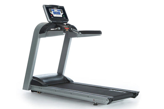 Landice L7 Club Treadmill with gray frame, black running belt, and digital display console on white background