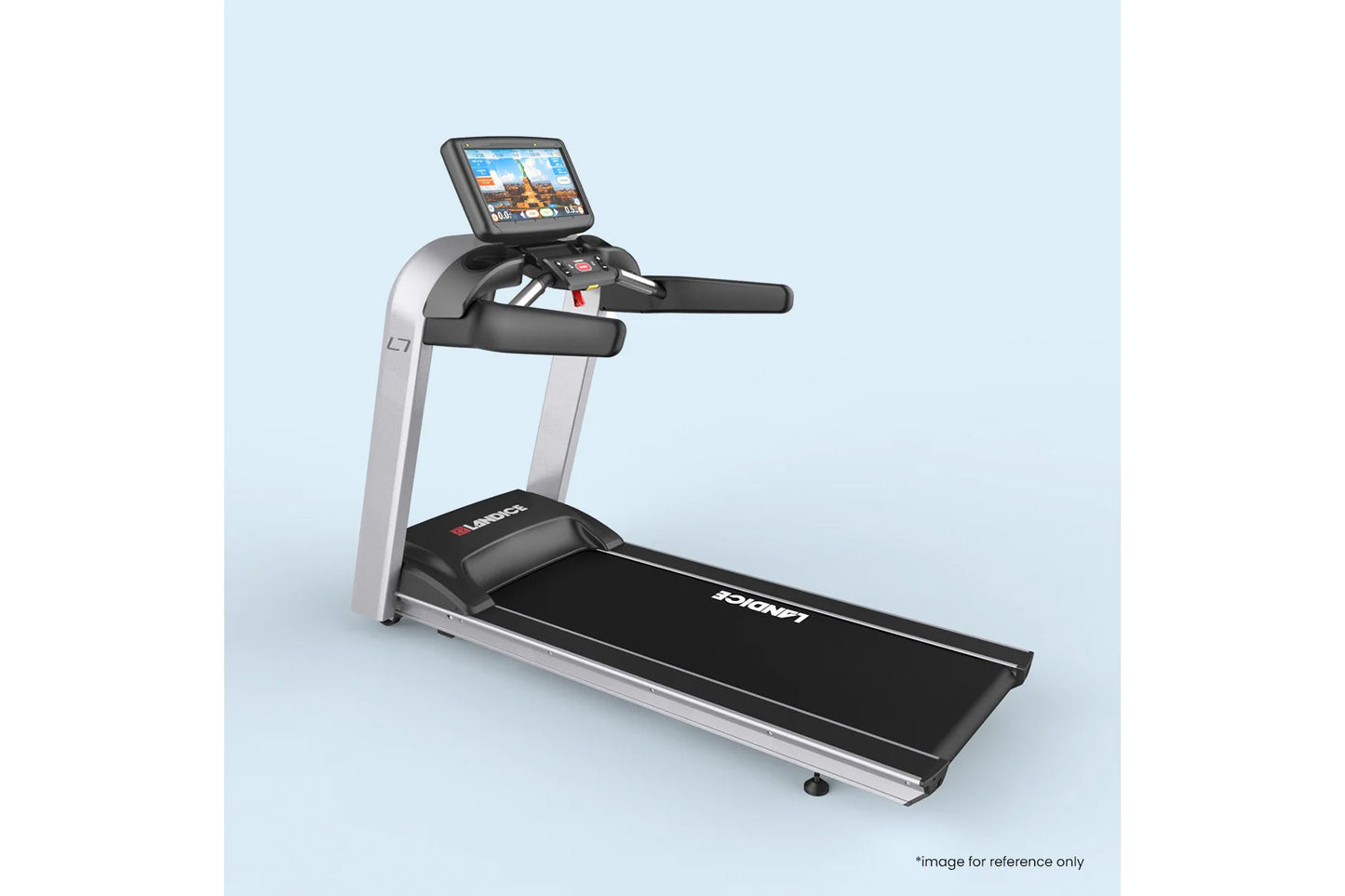 Silver and black commercial treadmill with digital touchscreen display, black running belt, and cushioned handles on light bl