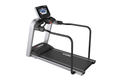 Landice L7 rehabilitation treadmill with black running belt, silver frame, handrails, and digital display console on white ba