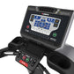 Landice L7 black treadmill with blue digital display console and handlebar controls featuring red stop button and green start
