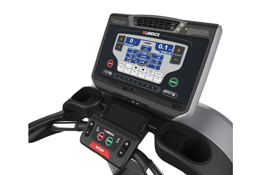 Landice L7 black treadmill with blue digital display console and handlebar controls featuring red stop button and green start