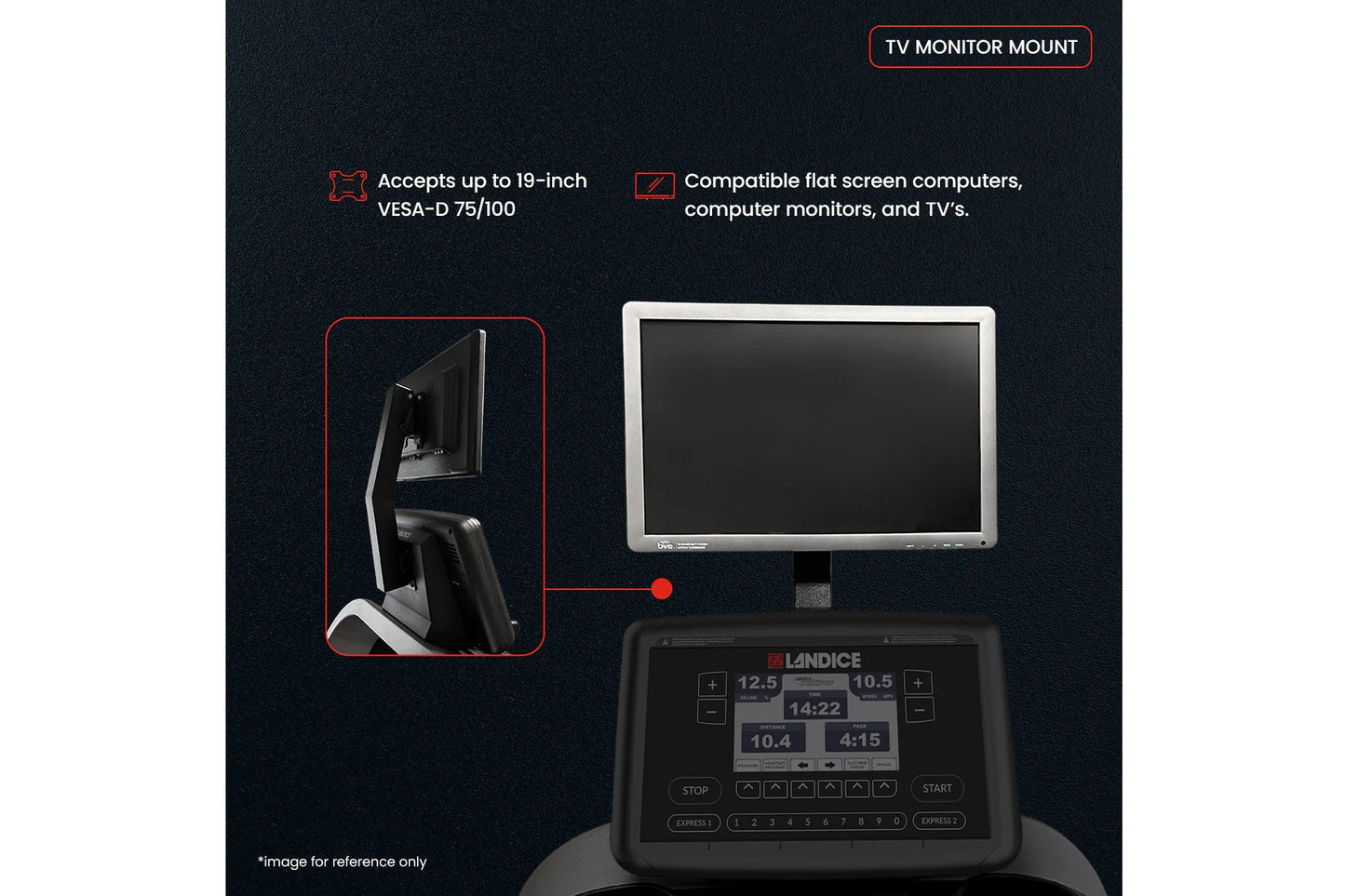 Landice L7 treadmill with TV monitor mount bracket holding flat screen display, showing compatible mounting setup on dark bac