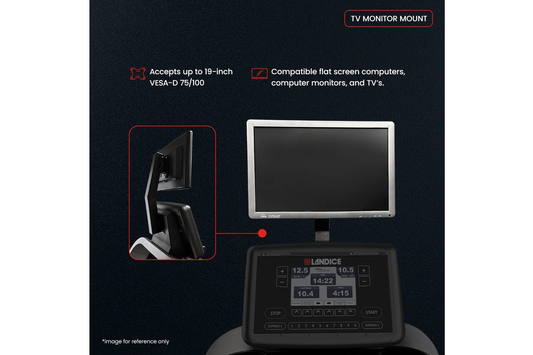 Landice L7 treadmill with TV monitor mount bracket holding flat screen display, showing compatible mounting setup on dark bac