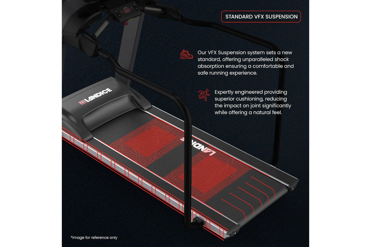 Landice L7 treadmill with Standard VFX Suspension system, black frame with red cushioned deck and hand rails on dark backgrou