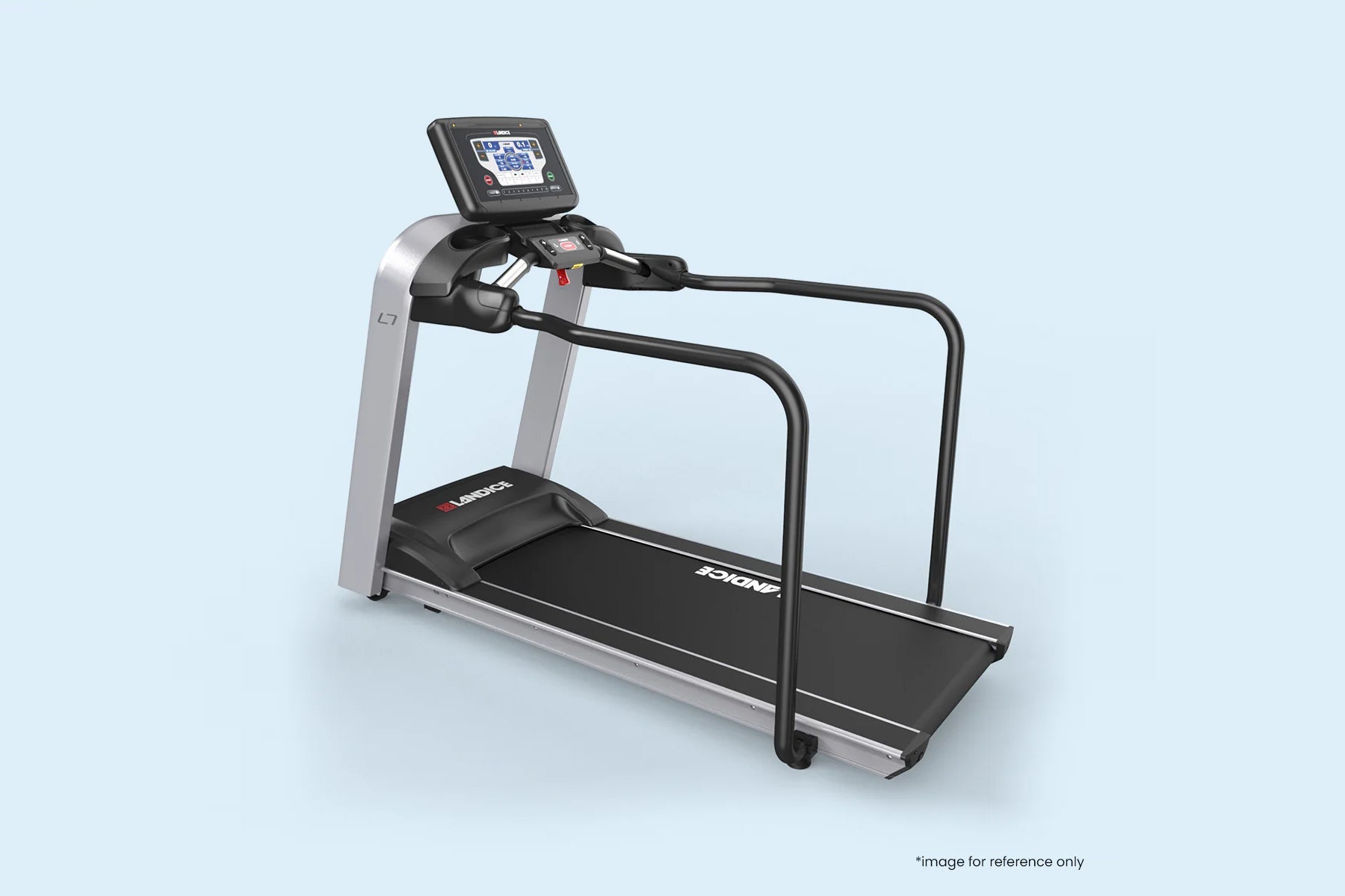 Landice L7 rehabilitation treadmill with black running deck, silver frame, handrails, and digital console on light blue backg