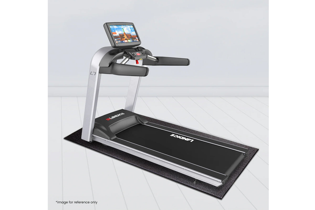 Landice L7 treadmill with silver frame, black running deck, console display showing workout content, and padded handrails on 