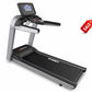 Landice L7 commercial treadmill with black running deck, silver frame, black console display, and handrails on white backgrou