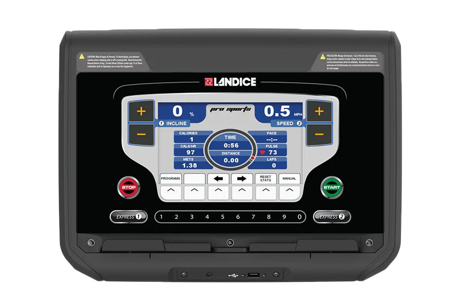 Landice L7 treadmill console displaying workout metrics including time, distance, calories, and speed on illuminated blue dis