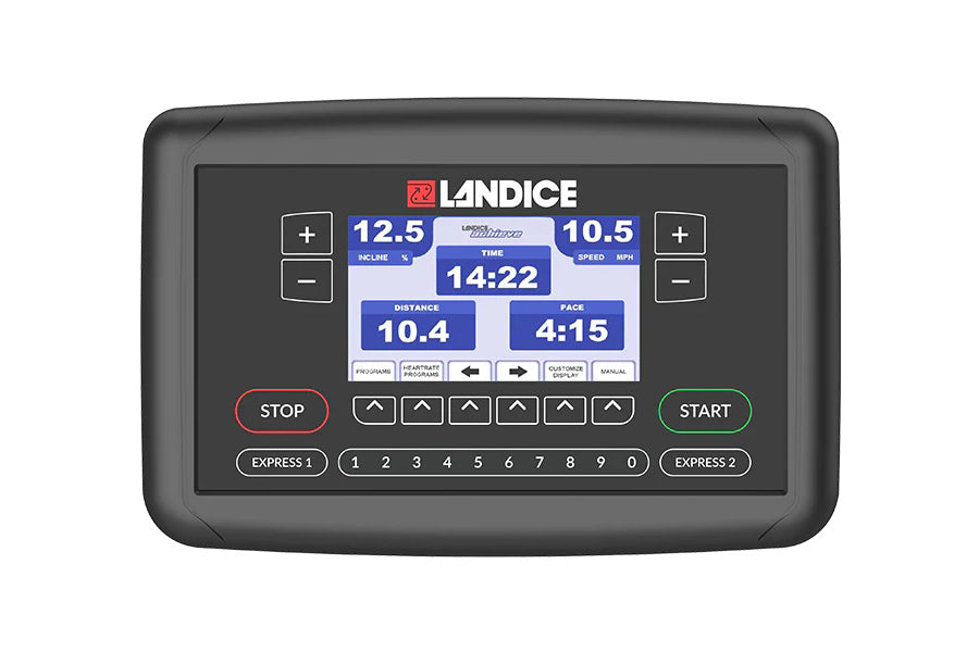 Landice L7 treadmill console with digital display showing time, distance, speed and pace metrics on white background