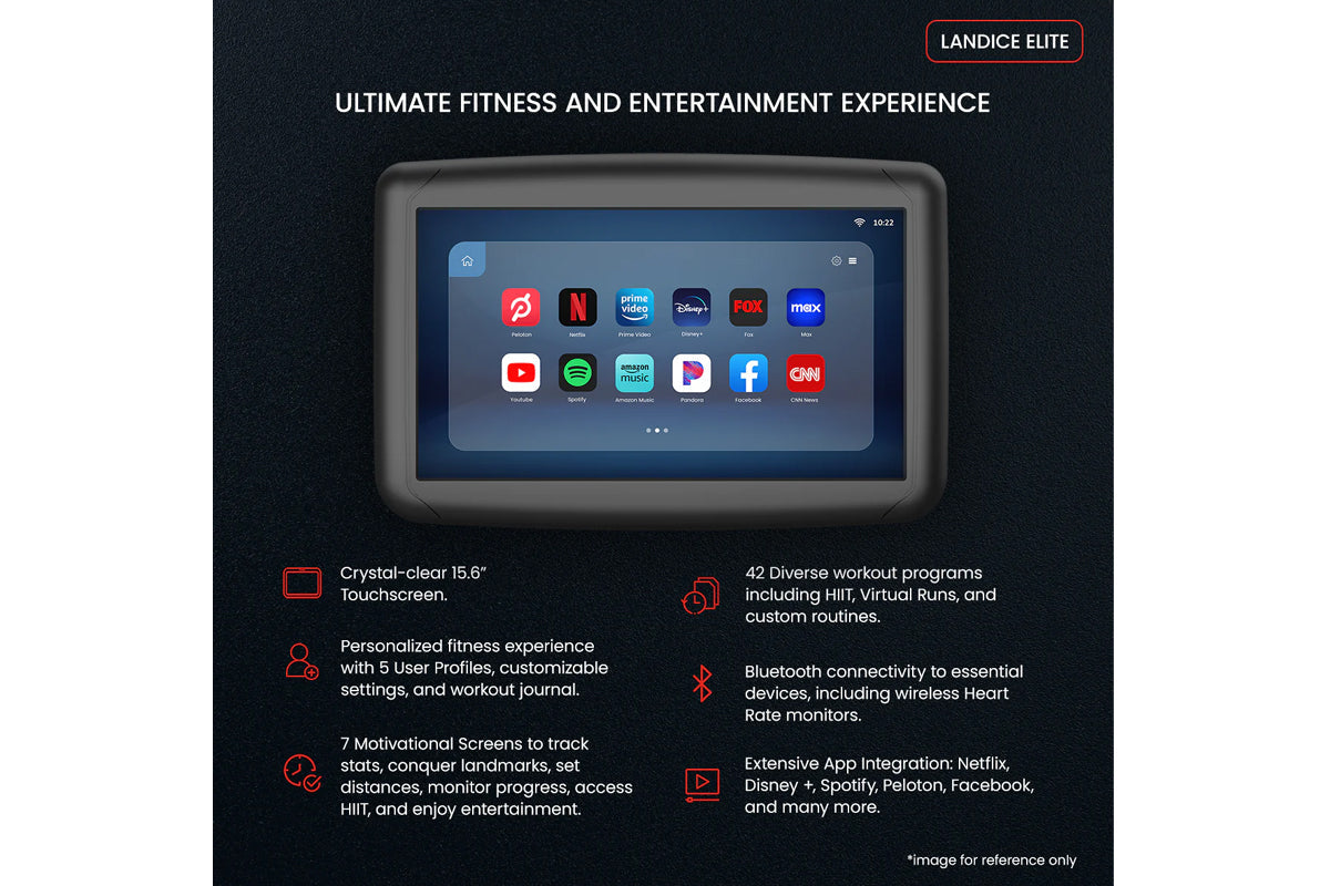 Landige Elite fitness treadmill with 15.6-inch touchscreen displaying streaming apps including Netflix, Spotify, and Disney+