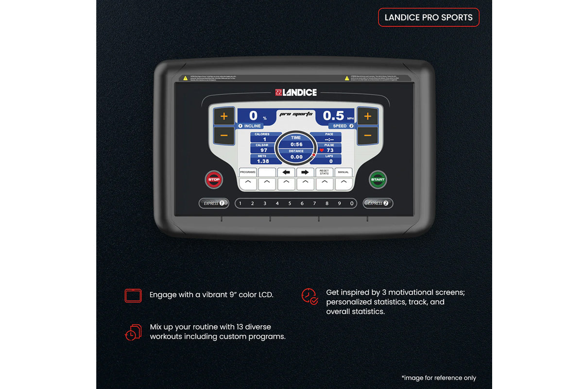 Landice Pro Sports treadmill console with 9-inch color LCD display showing workout metrics, control buttons, and numbered pre