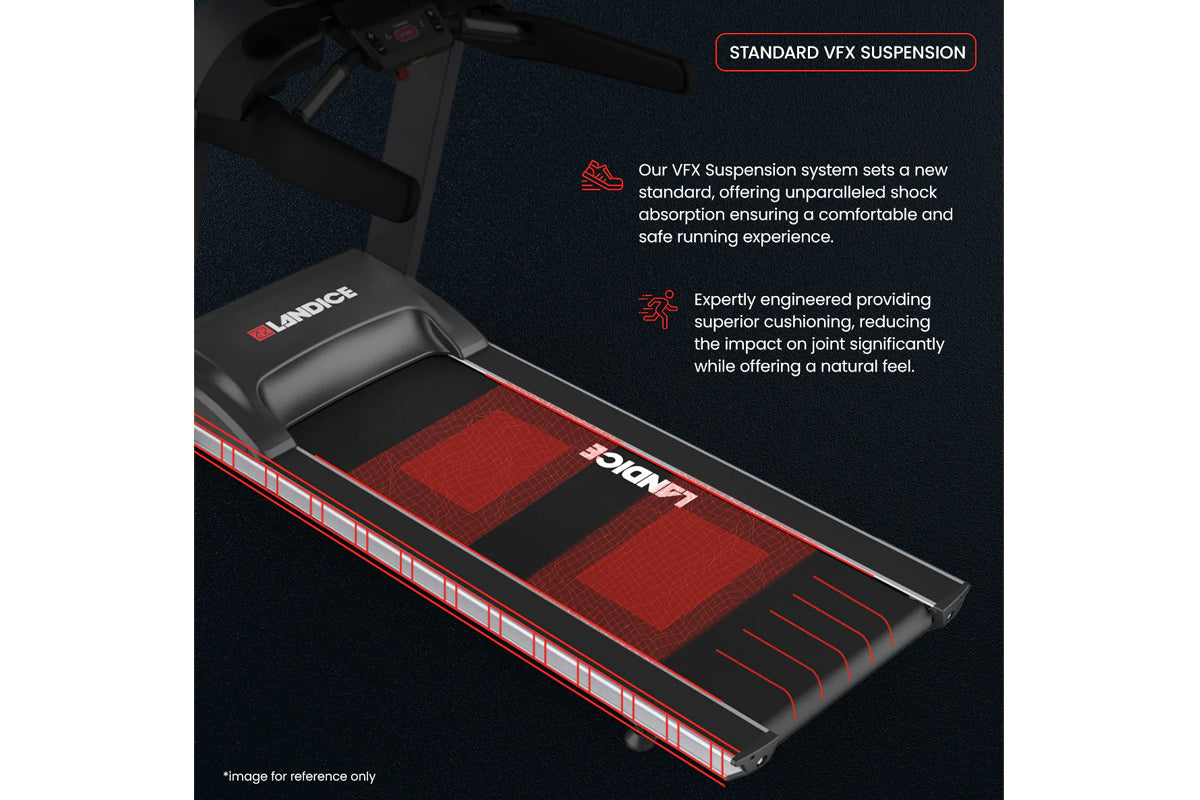Landice L7 treadmill with Standard VFX Suspension system, featuring red and black cushioned running deck on dark background