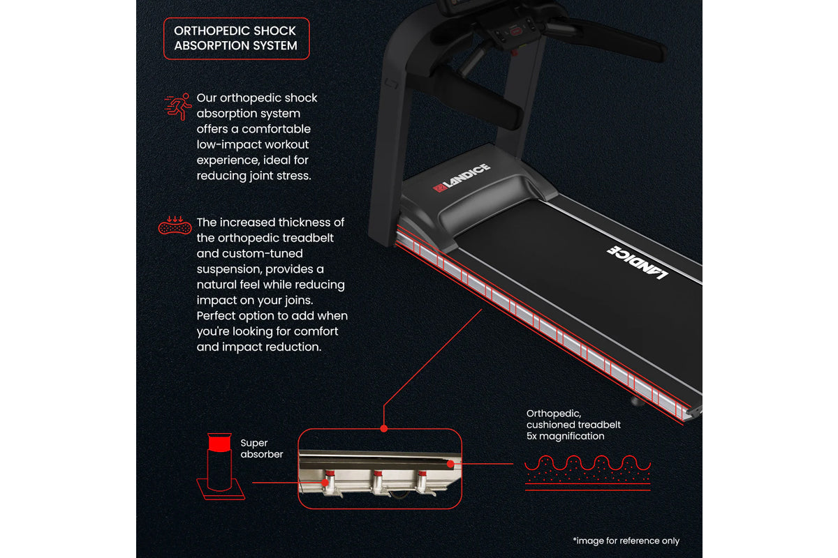 Black treadmill with orthopedic shock absorption system diagram showing cushioned treadbelt and super absorber technology wit
