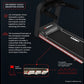 Black treadmill with orthopedic shock absorption system diagram showing cushioned treadbelt and super absorber technology wit