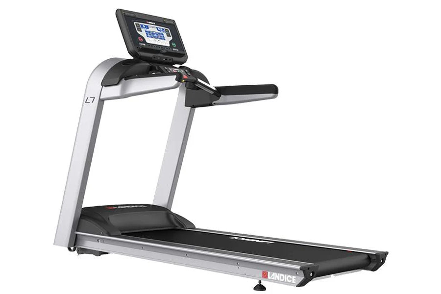Landice L7 treadmill with silver frame, black running deck, handrails, and digital display console on white background