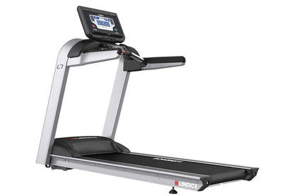 Landice L7 treadmill with silver frame, black running deck, handrails, and digital display console on white background