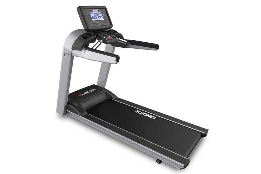 Landice L7 treadmill with black running deck, silver frame, and digital display console on white background