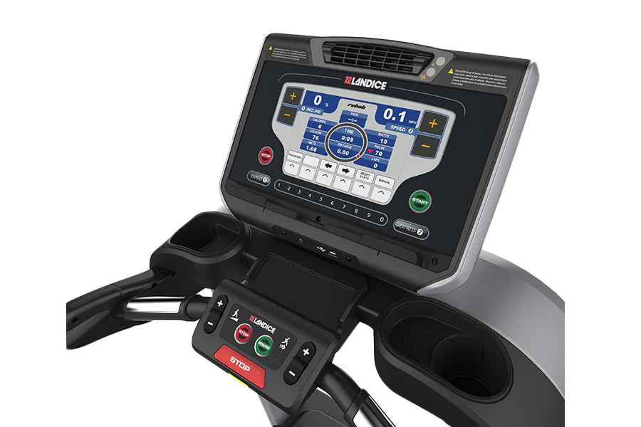 Landice L8 rehabilitation treadmill with black and gray frame, digital console displaying speed and incline controls, and han