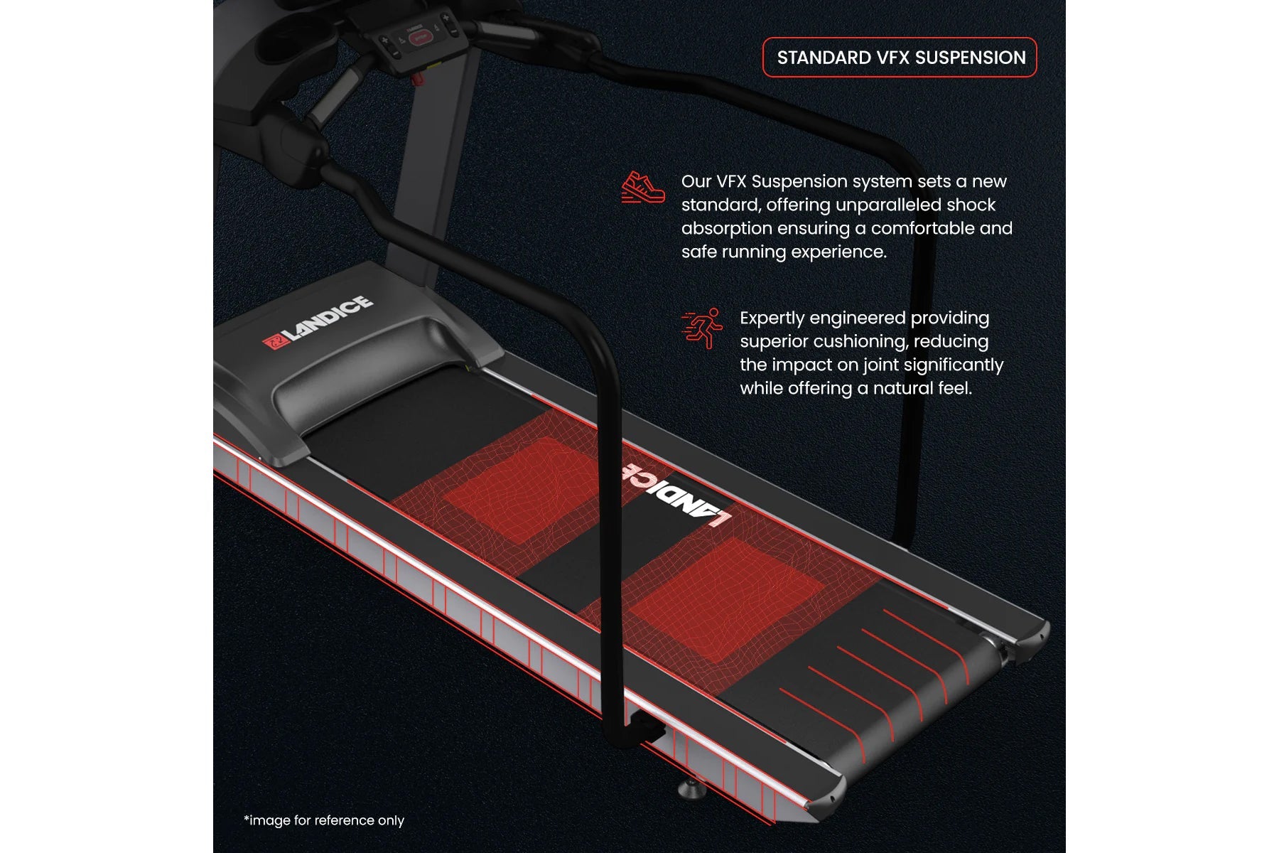 Black and red Landice L8 treadmill with Standard VFX Suspension system, featuring red mesh deck and cushioned running surface