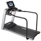Landice L8 rehabilitation treadmill with black running belt, silver frame, handrails, and digital display console on white ba