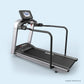 Landice L8 Rehabilitation Treadmill with black running deck, silver frame, handrails, and digital display console on light bl