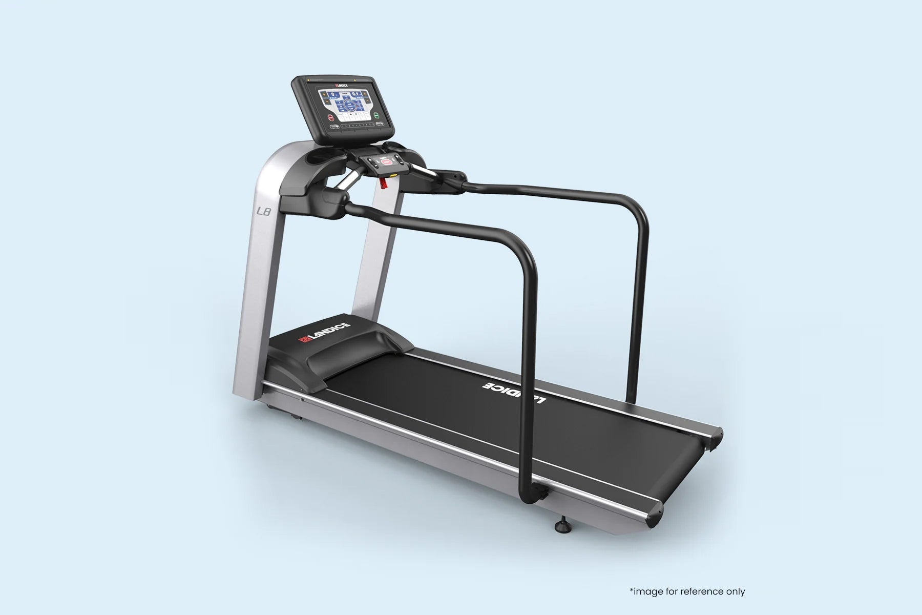 Landice L8 Rehabilitation Treadmill with black running deck, silver frame, handrails, and digital display console on light bl