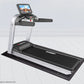 Landice L8 treadmill with silver frame, black running belt, handrails, and blue touchscreen display showing workout metrics