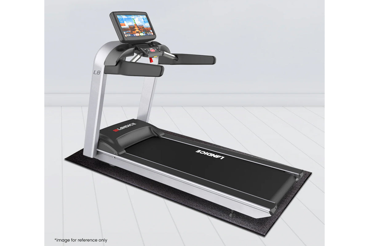 Landice L8 treadmill with silver frame, black running belt, handrails, and blue touchscreen display showing workout metrics