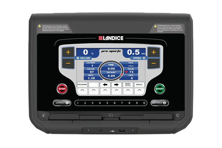 Landice L8 treadmill console with digital display showing workout metrics, speed and incline controls, numbered quick-start b