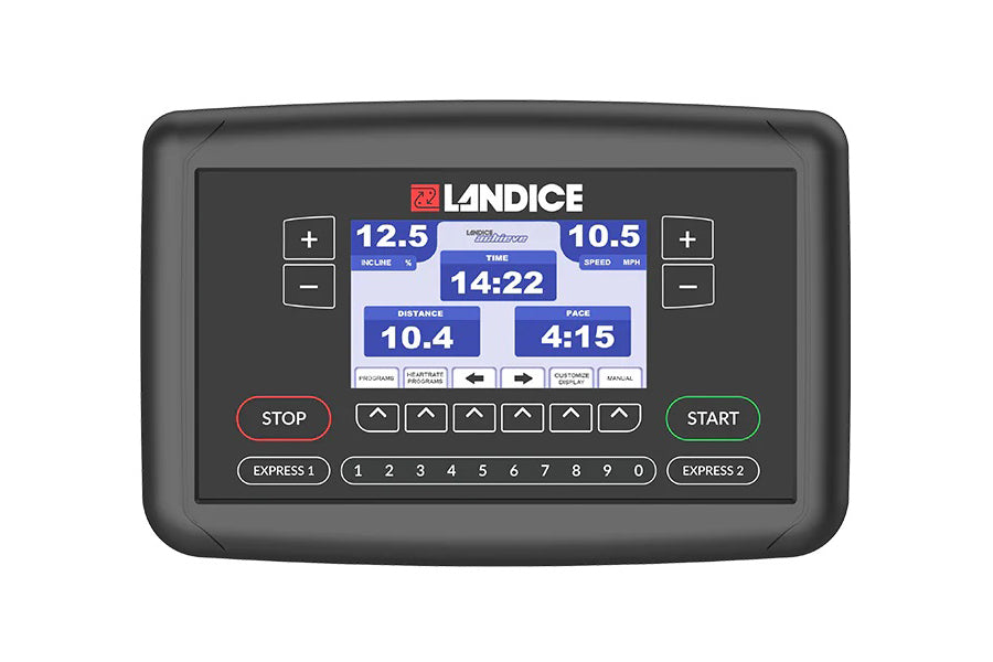 Landice L8 treadmill console with digital display showing workout metrics, stop and start buttons, and numeric keypad on gray
