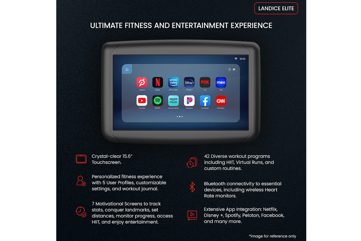 Landice Elite fitness touchscreen treadmill with streaming apps displayed on 15.6-inch screen on dark background