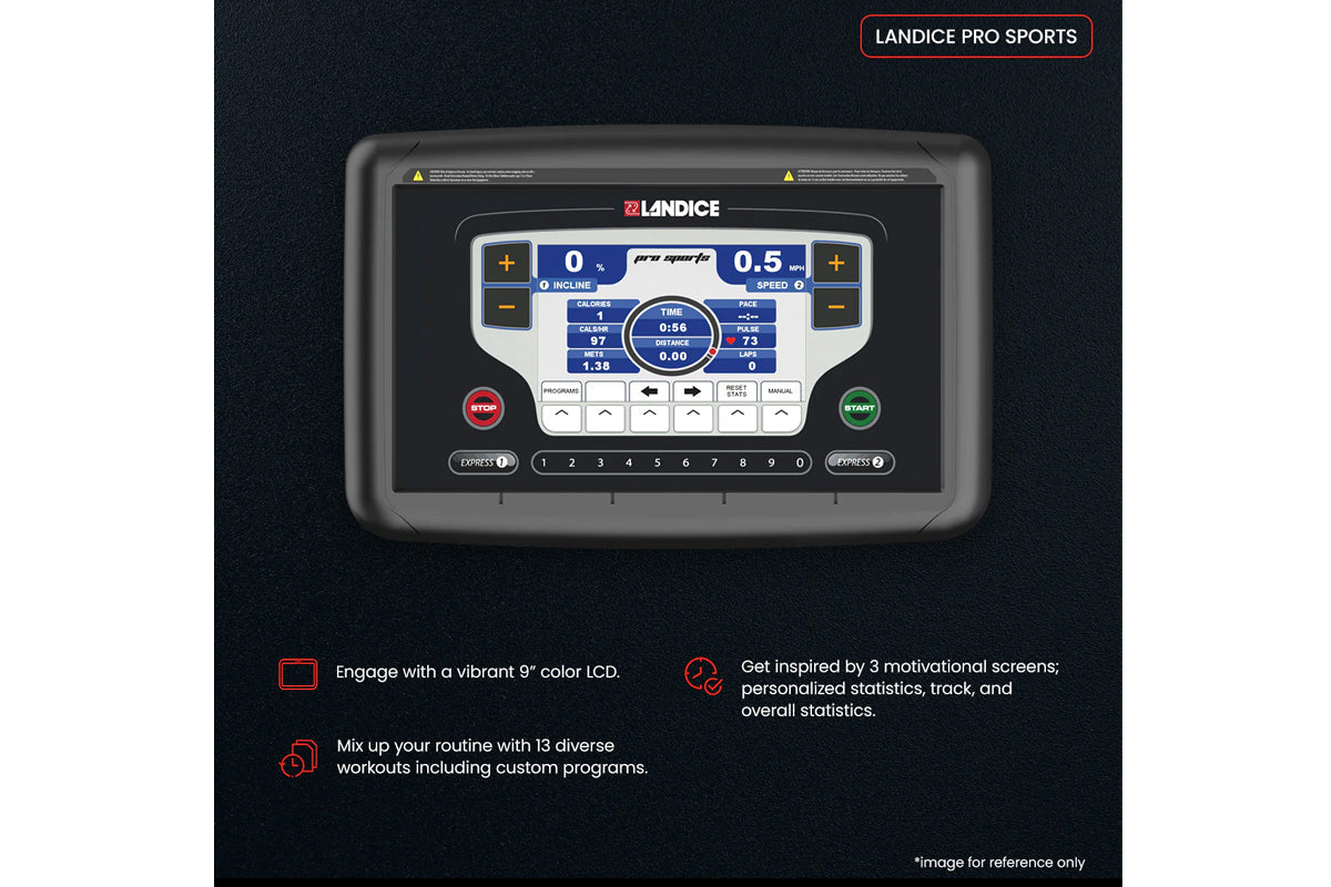 Landice Pro Sports treadmill console with 9-inch color LCD display showing workout metrics, red stop button and green start b